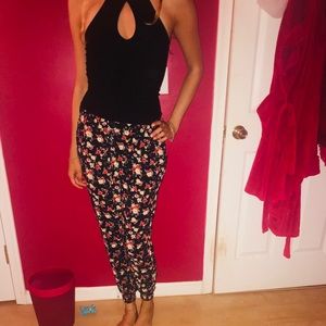 Black floral print slouchy pants